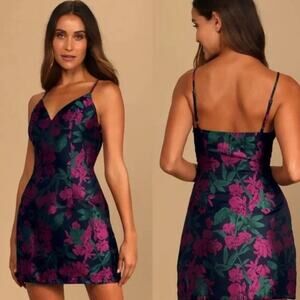 Lulus Absolutely Exquisite Navy Blue Floral Jacquard Mini Dress Womens S‎